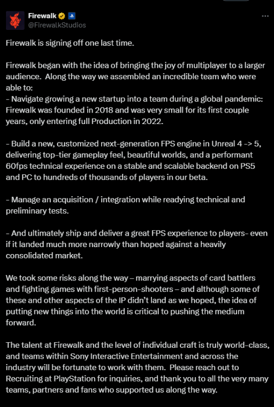 被索尼關(guān)閉!《星鳴特攻》開發(fā)商發(fā)文告別:我們的團(tuán)隊很優(yōu)秀